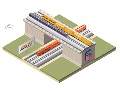 Union Pacific Trains intersection via bridge and ground level tracks